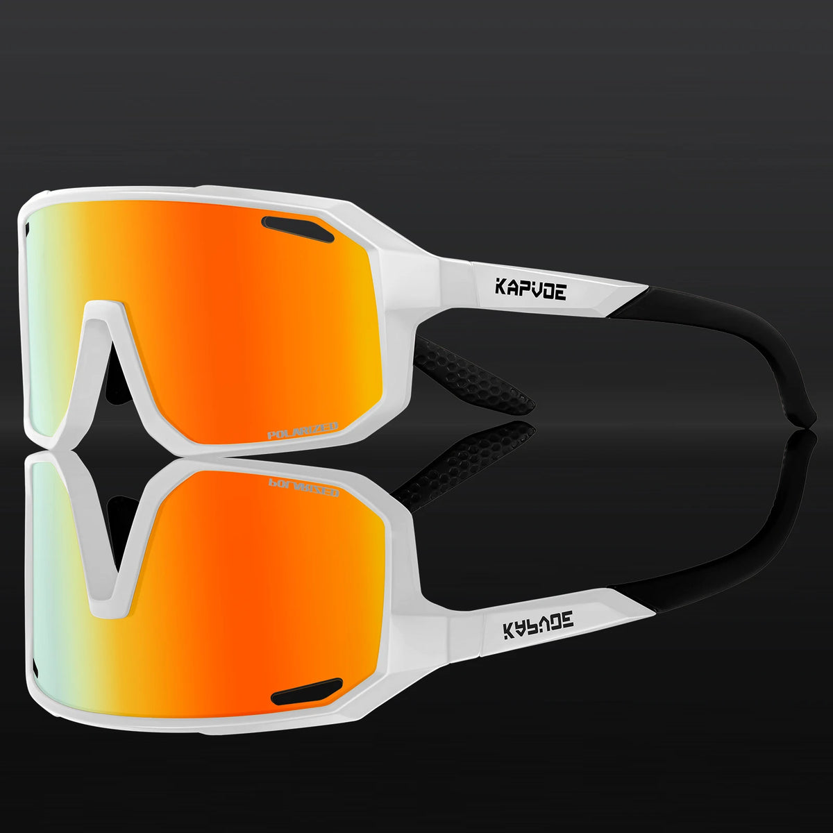 Sport sunglasses for kids with orange mirrored lenses and white frame, black shield temples