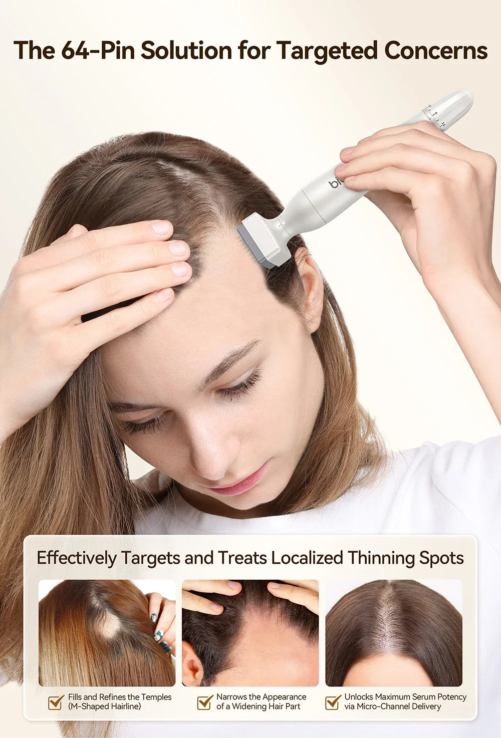 Woman using white 64-pin adjustable derma stamp microneedling pen for hair growth and scalp thinning treatment.
