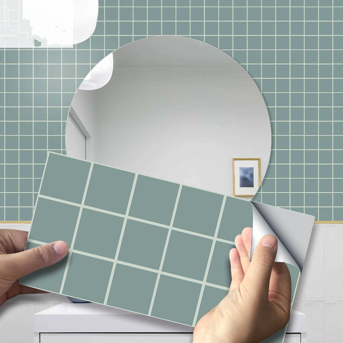 Peel-and-stick brick tile sticker sheet, light blue square tile pattern.
