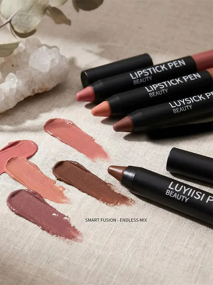 Matte velvet lipstick pencils and swatches in neutral, nude, and brown shades for long-lasting, waterproof lip makeup.