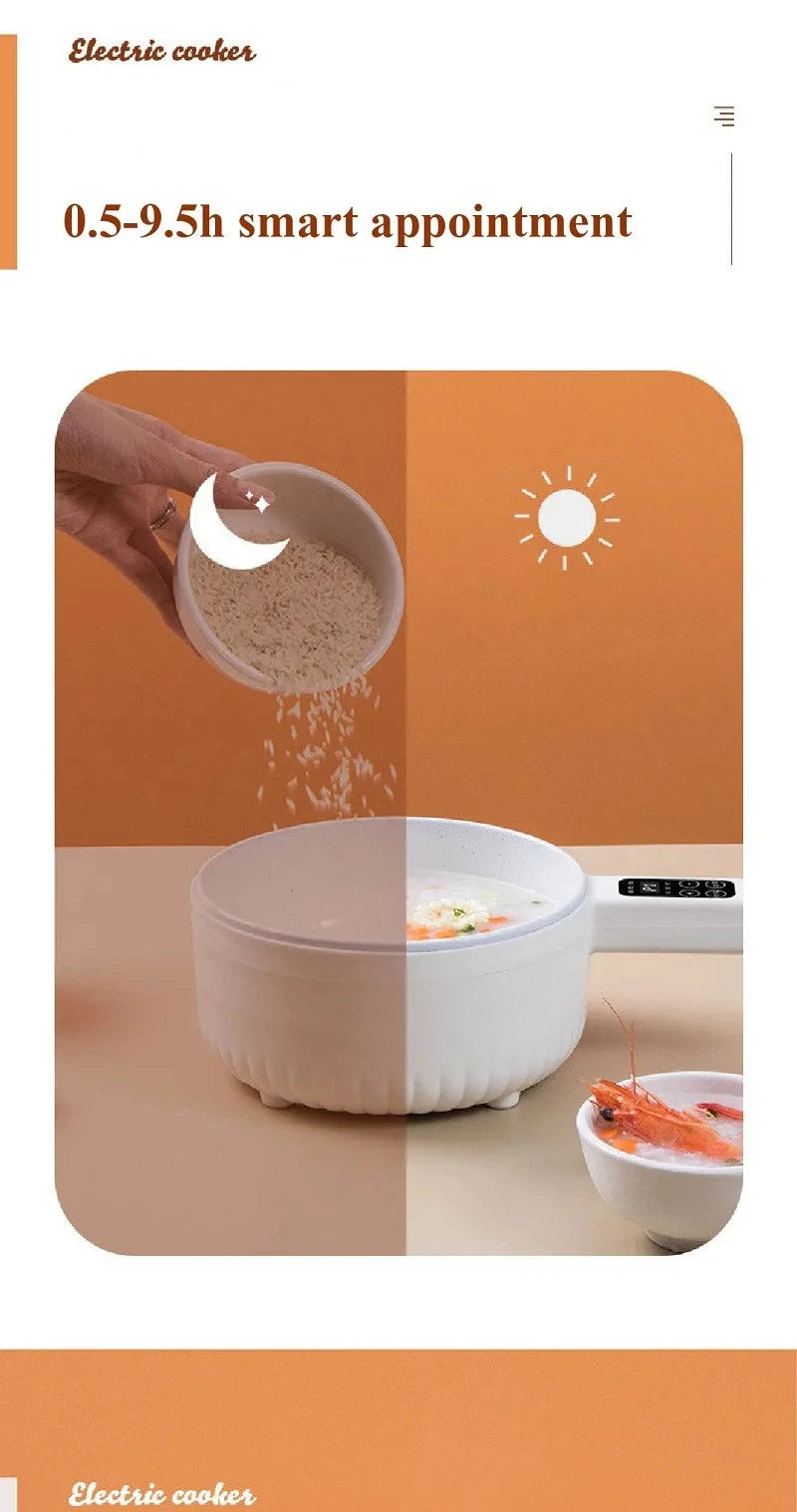Electric cooking pot with white nonstick inner and lid, viewed from above while pouring food