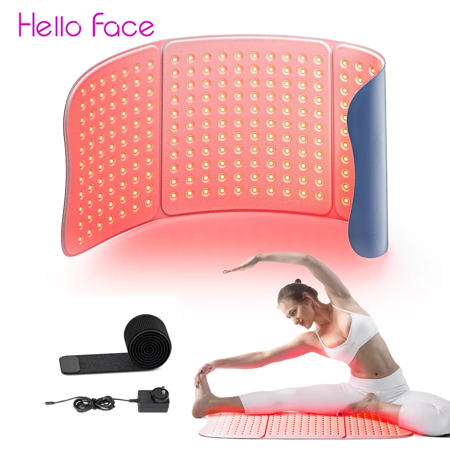 Large flexible red light therapy mat with many LED lights, shown flat and curved, with a power cord and a workout user.