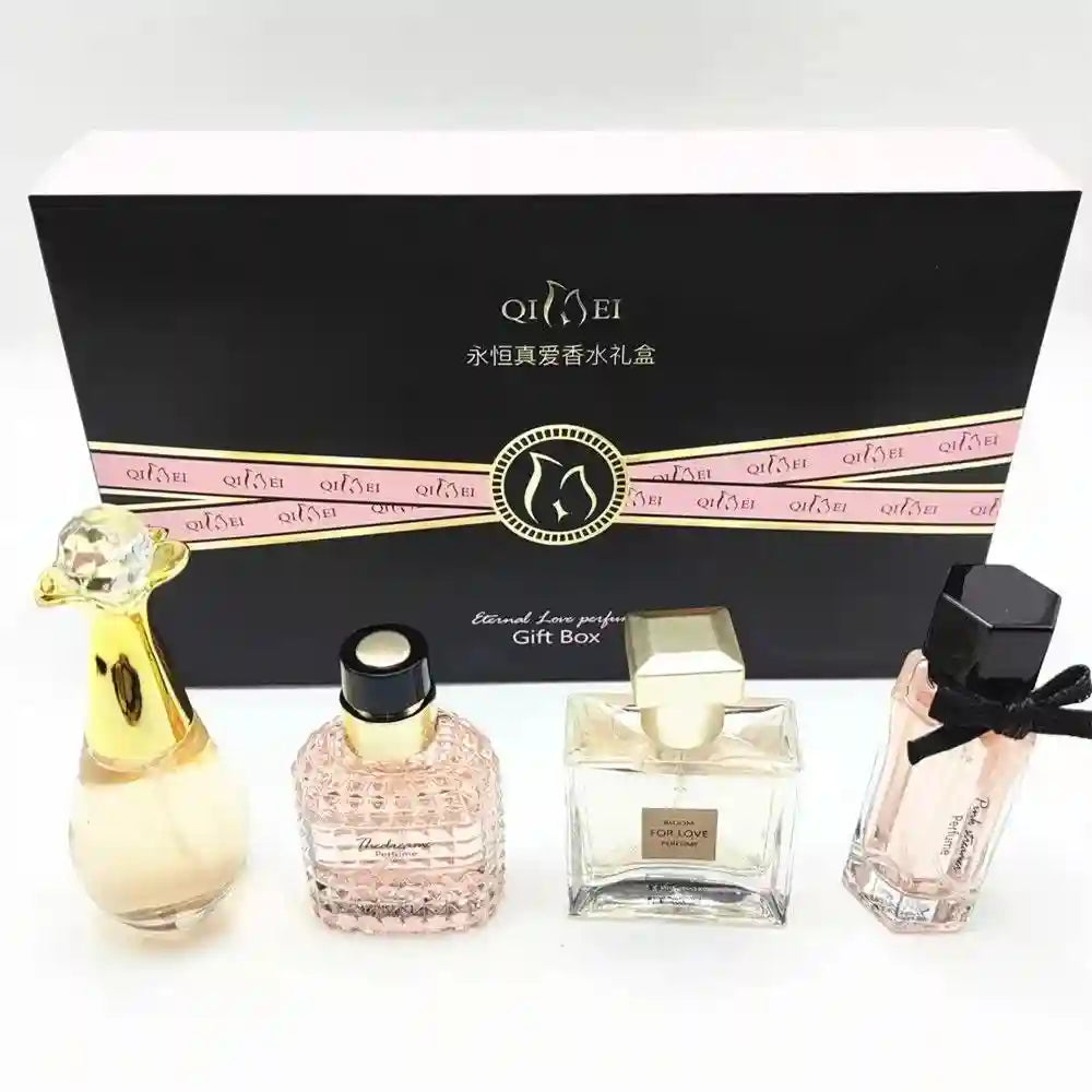 Qimei 4-piece women's EDP gift set. Luxury floral fruity perfume collection with unique glass spray bottles. Gift box.