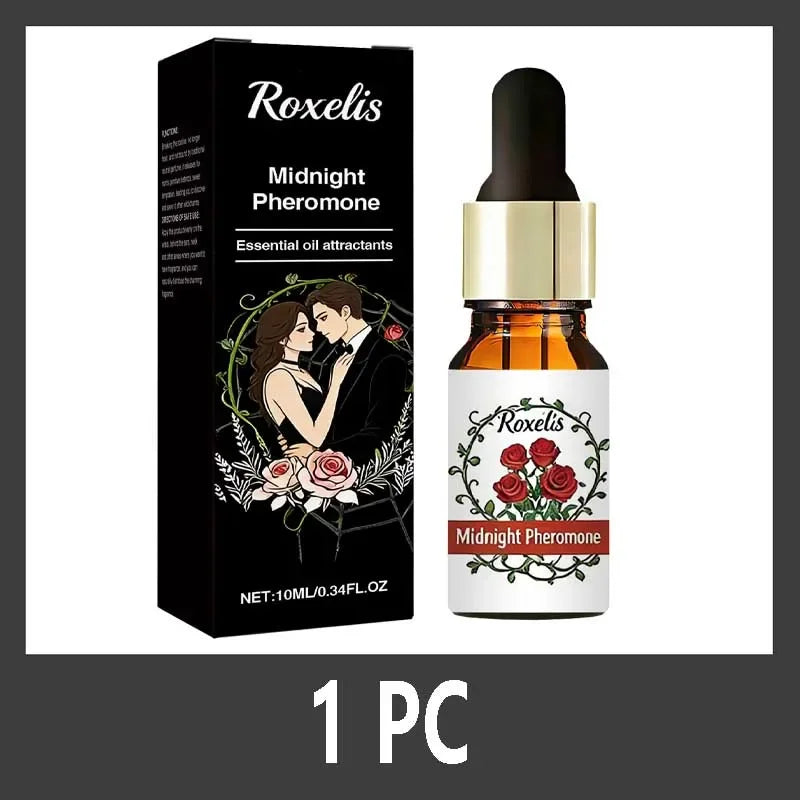 Roxelis Midnight Pheromone essential oil perfume for men and women. Amber glass dropper bottle with rose floral design.