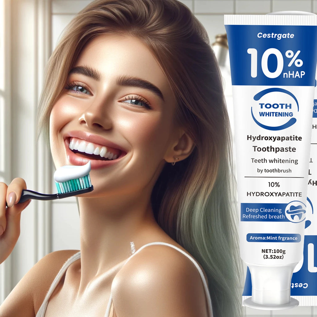Tidesmit 10% hydroxyapatite whitening toothpaste for deep cleaning, enamel strengthening, and fresh breath.