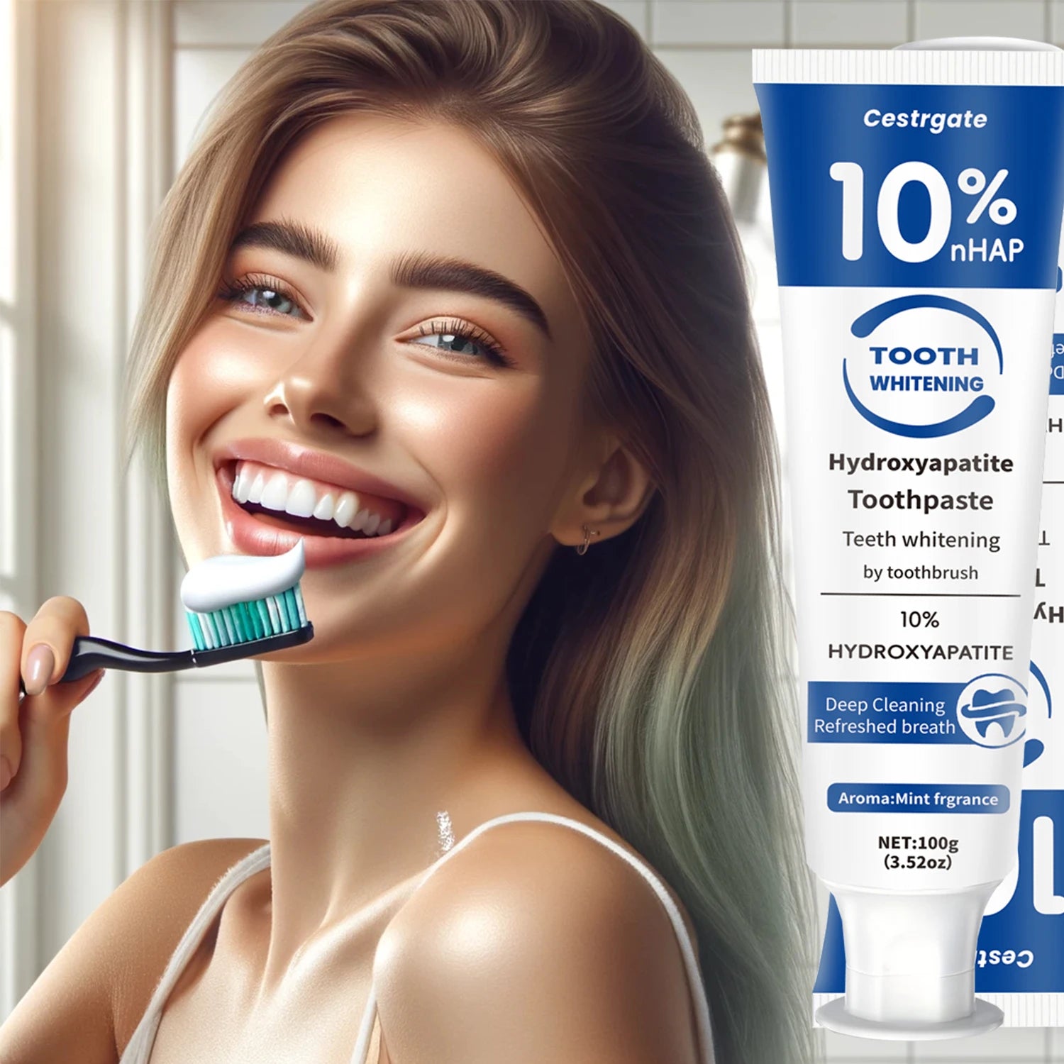 Tidesmit 10% hydroxyapatite whitening toothpaste for deep cleaning, enamel strengthening, and fresh breath.