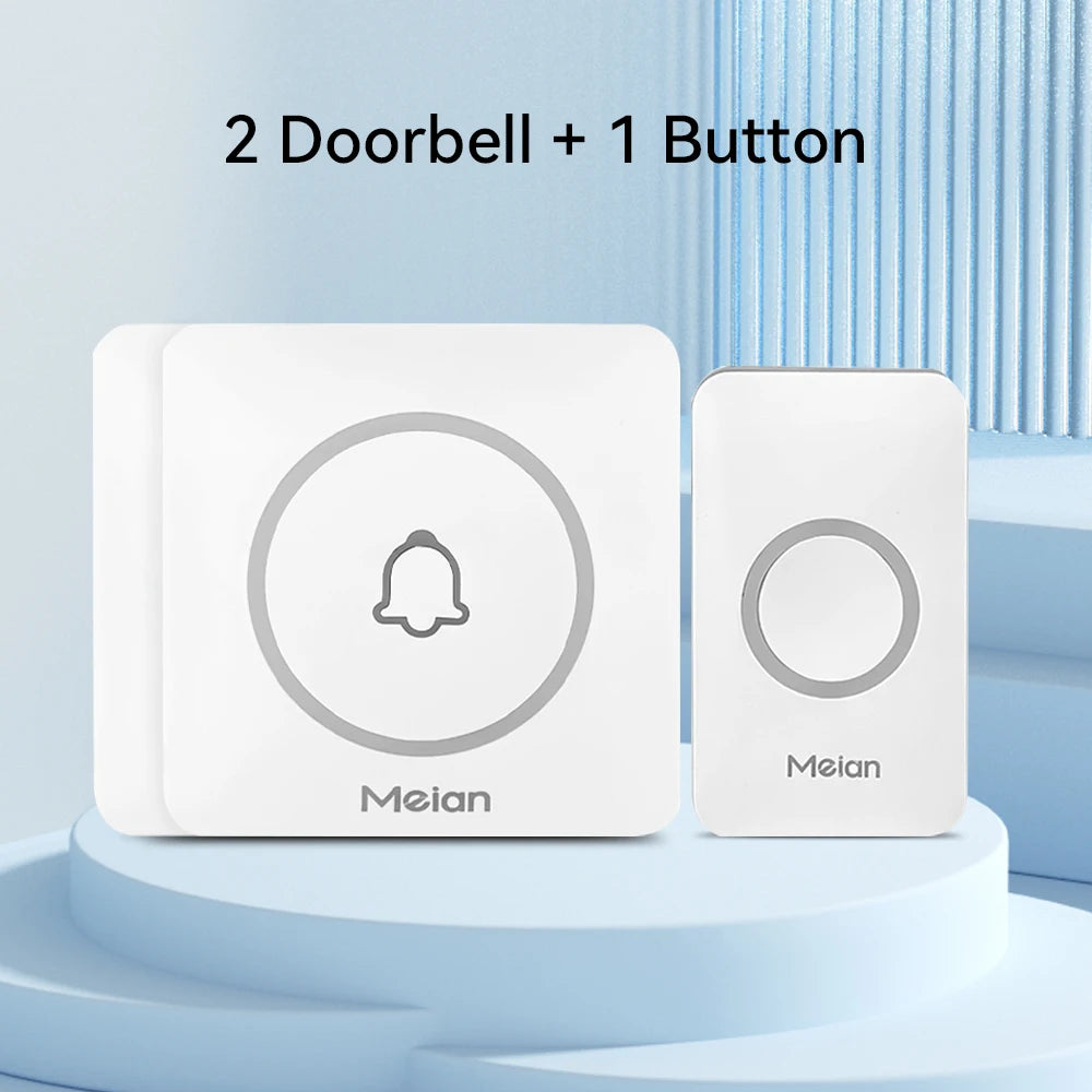 White wireless doorbell receiver and button set labeled “2 Doorbells + 1 Button”