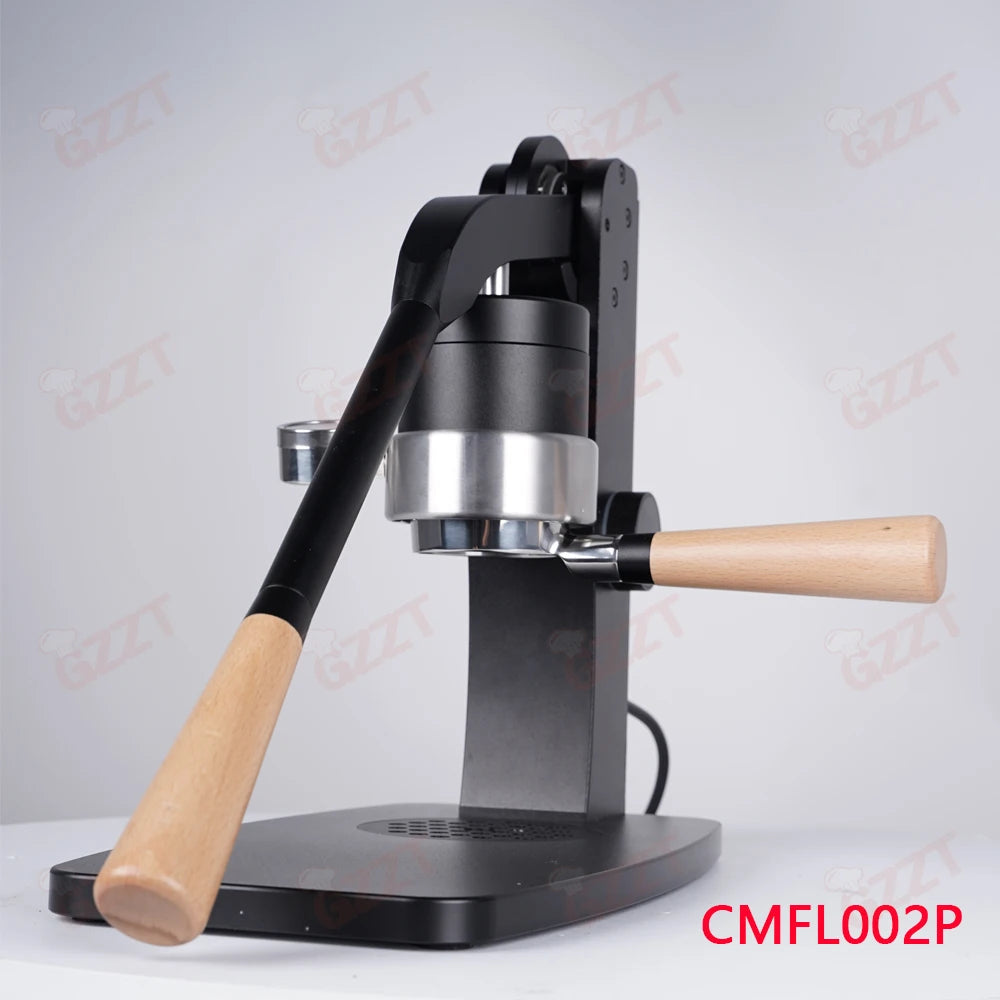 GZZT manual lever espresso maker, black metal frame with wooden handle accents and stainless steel brew head.