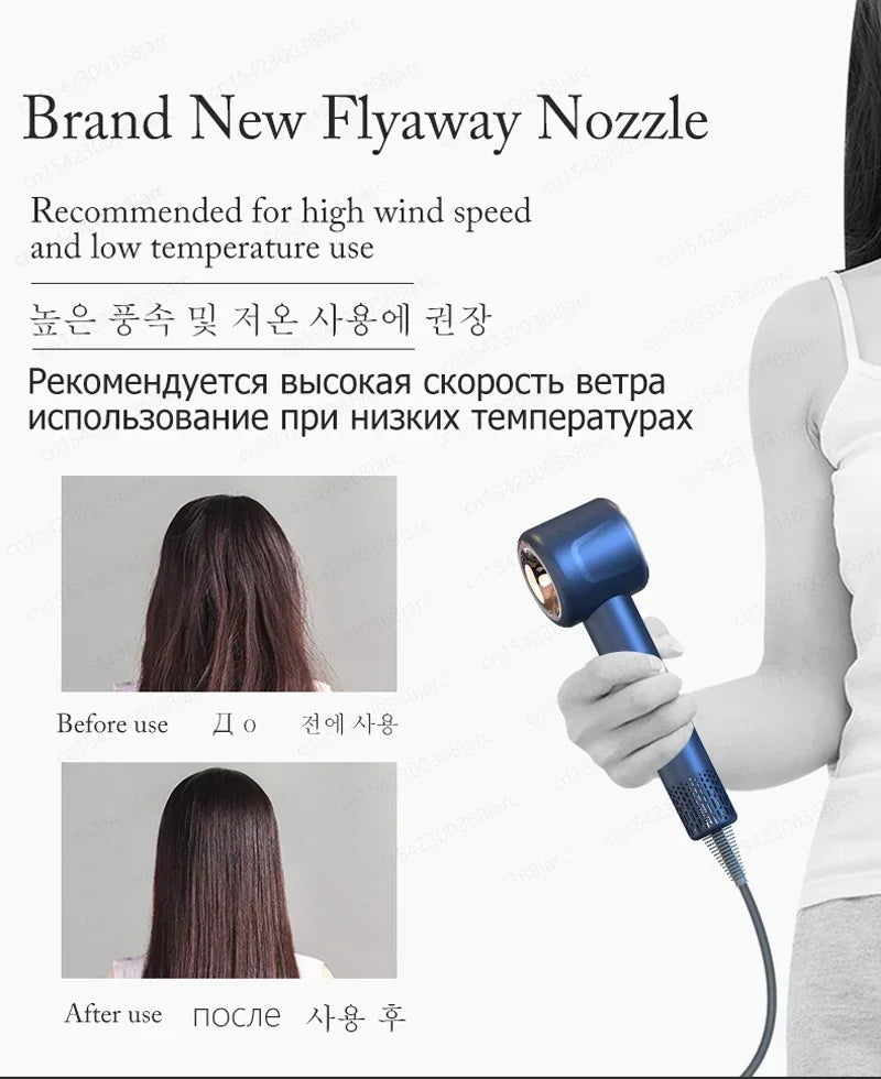 Blue 1600W leafless ionic hair dryer with flyaway smoothing nozzle for professional styling and frizz control.