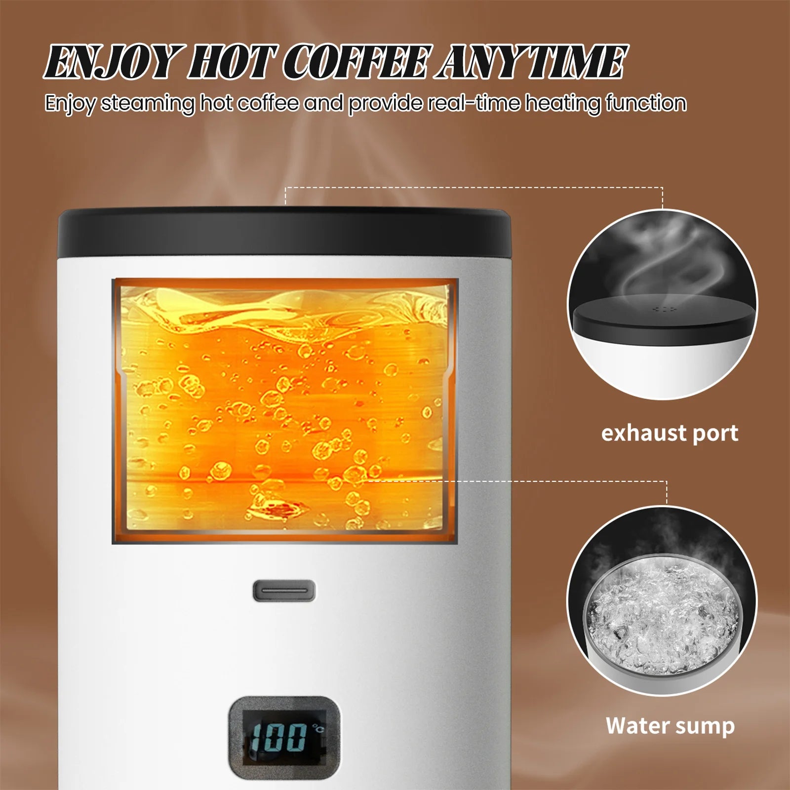 White electric coffee heater with digital temperature display, transparent water sump, and steam exhaust port.