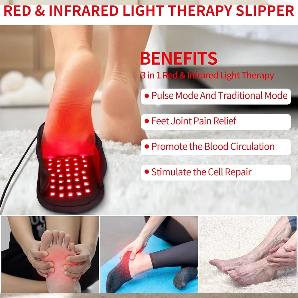 Red light therapy foot massage slippers with LED infrared beads for plantar fasciitis and joint pain relief.