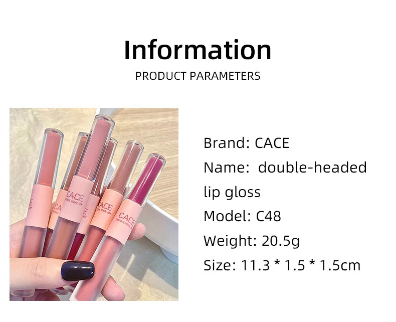 CACE double-headed lip gloss set featuring matte lipstick and water gloss shades in a variety of pink and red tones.
