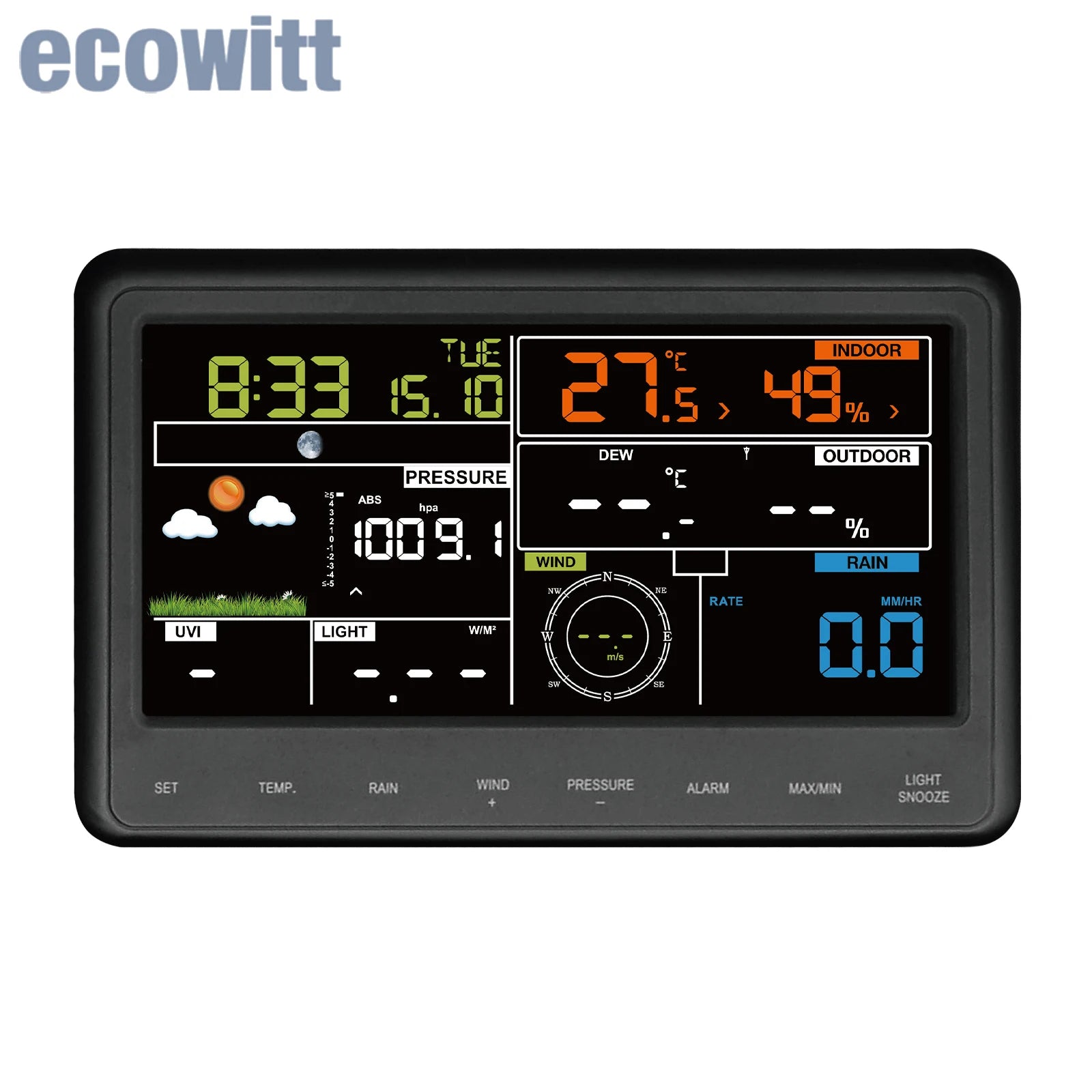 Ecowitt WS2910_C Home Wi-Fi Weather Station Console Monitor 6.75" Color Display with Indoor Thermo Hygrometer & Barometric