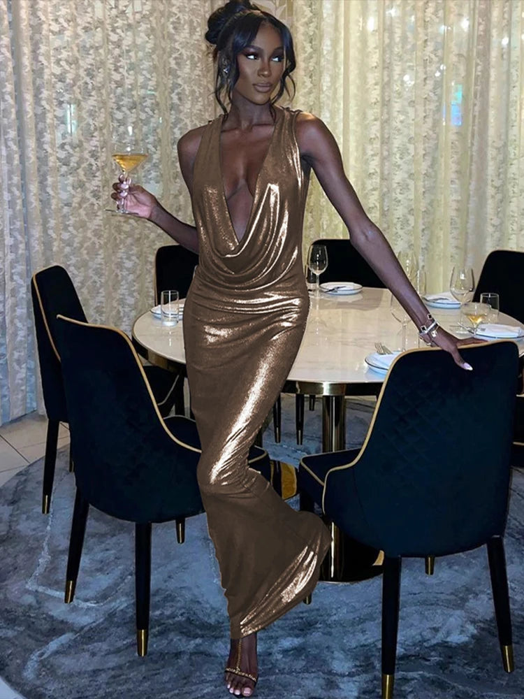 Dulzura Solid Pu Swinging Collar Lace-Up Backless Maxi Dress Bodycone Sexy Party Elegant Y2K Club 2023 Summer For Women Classy