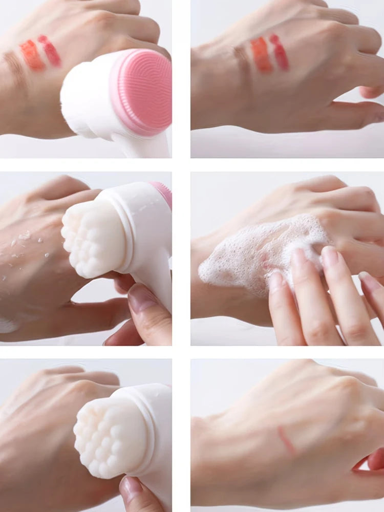 Double-sided facial cleaning brush with soft bristles and silicone scrubber for deep pore exfoliation on hand skin.