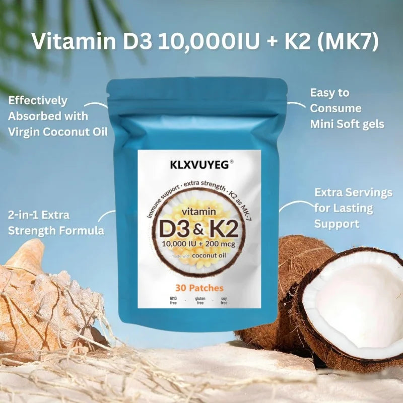 Tidesmit Vitamin D3 10000 IU plus K2 complex for bone, heart, and immune health support in coconut oil softgels.