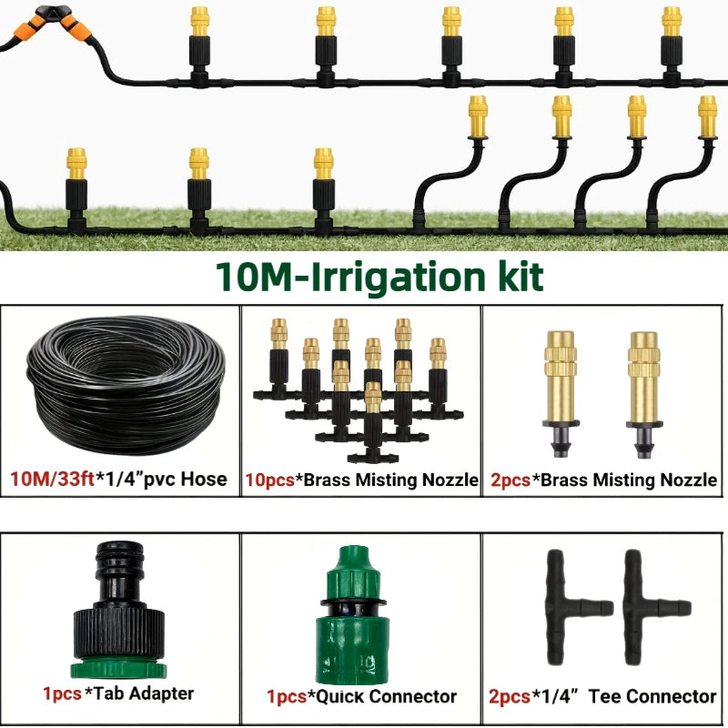 Outdoor Misting Cooling System, Garden Irrigation Watering, 1/4 Inch Atomizer Nozzle, 4/7mm Hose, 10M-30m, for Patio Greenhouse