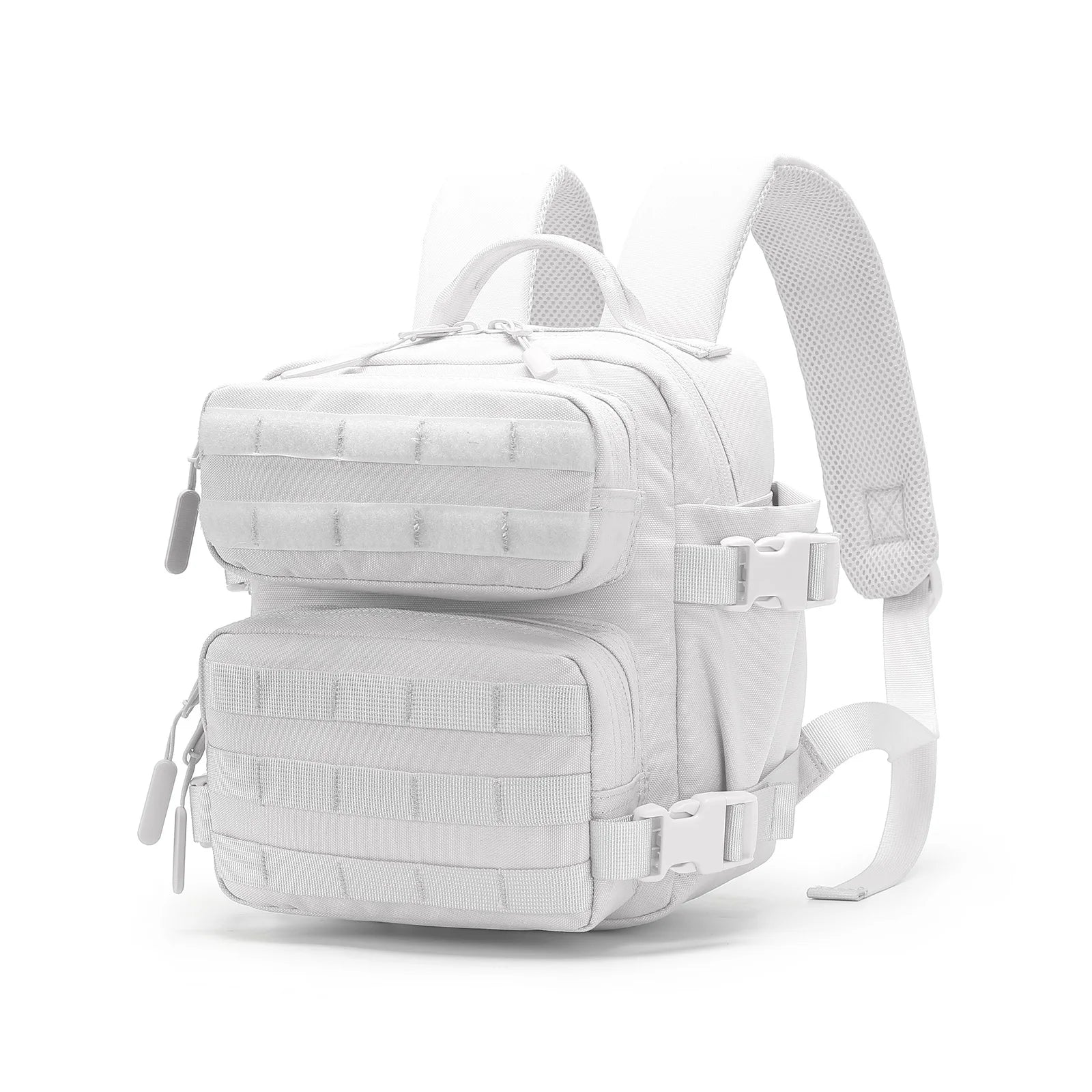 White mini tactical Molle backpack with front MOLLE panel and adjustable padded straps