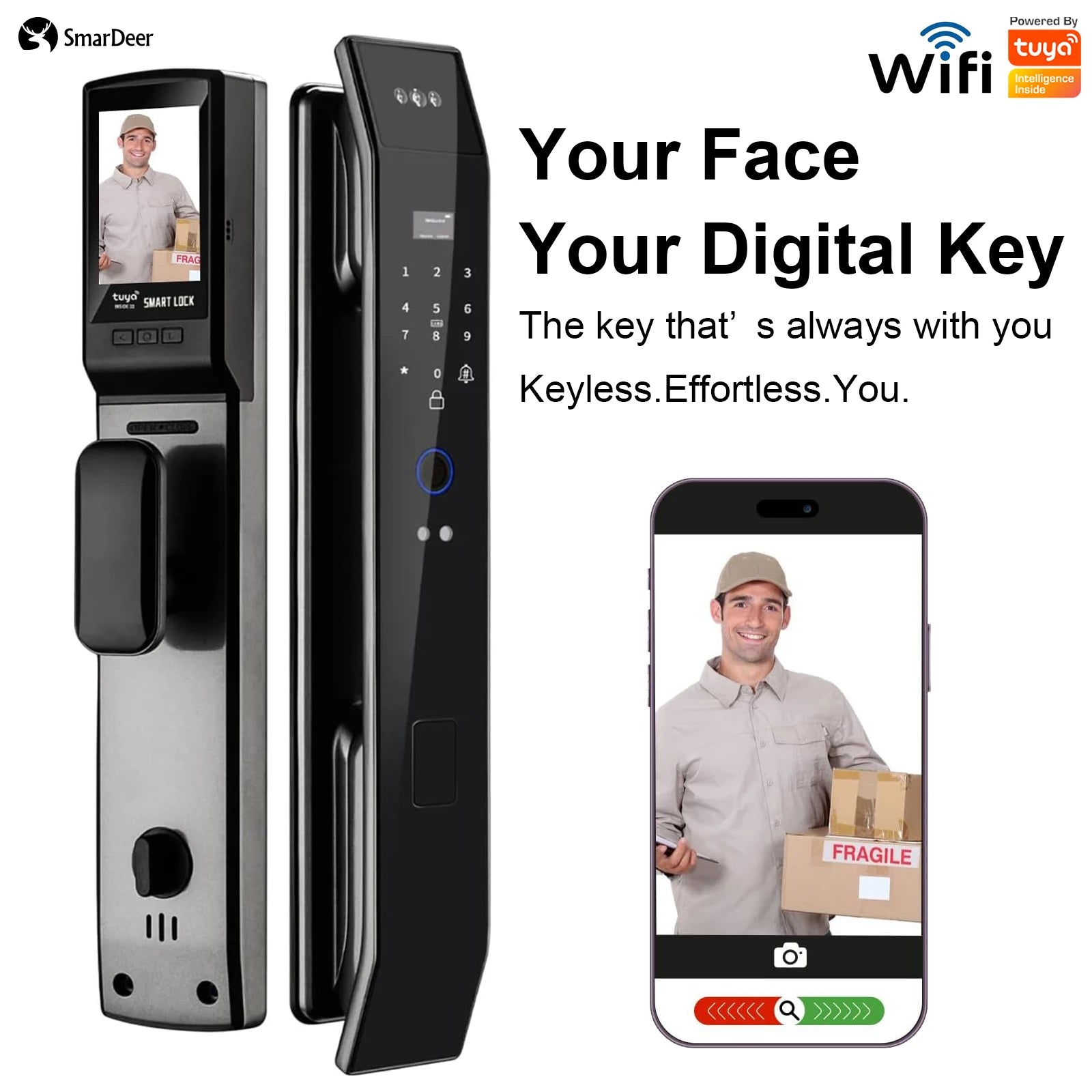 SmaerDeer Smart lock with Camera 3D Facial Recognition Electronic Door Lock with Visual Doorbell for Video Surveillance