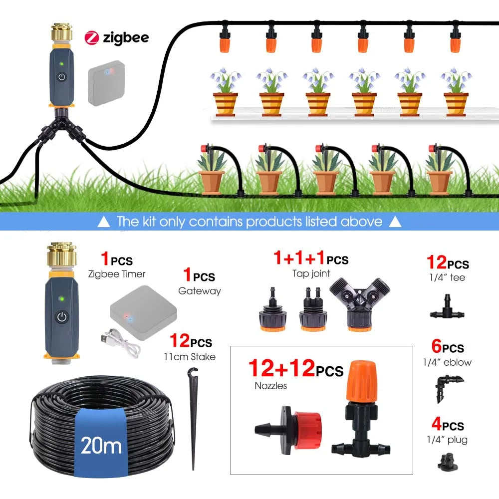 20m Garden Zigbee Timer Multiple Types of Sprinkler Irrigation Kit 1/4'' Hose Smart Application Remote Control Watering System