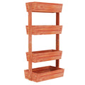 Reddish brown empty 4-tier vertical raised wooden planter box with open planting beds