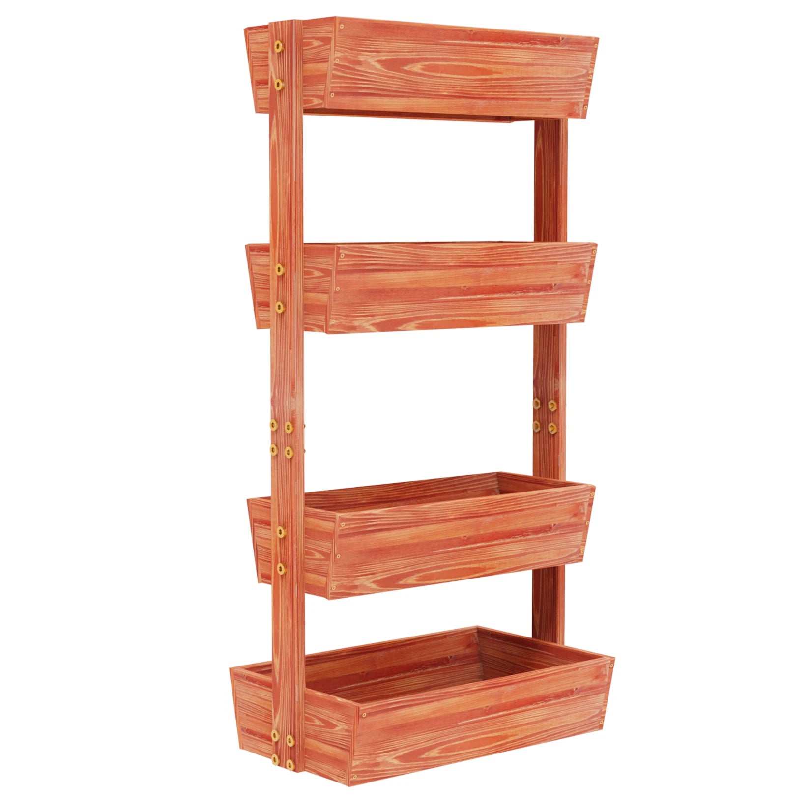 Reddish brown empty 4-tier vertical raised wooden planter box with open planting beds