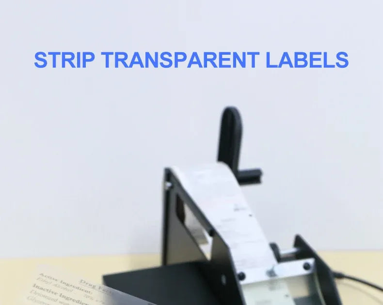 Automatic label dispenser stripping unit with transparent label feed area.