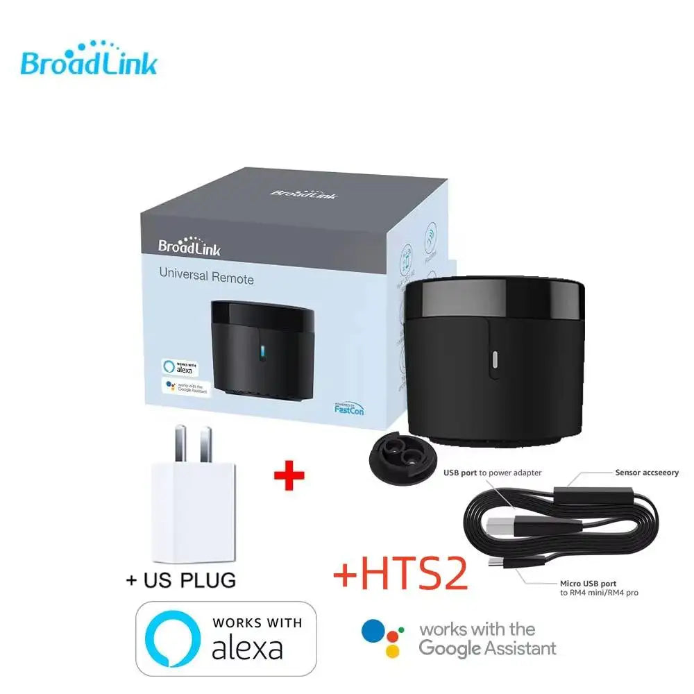 BroadLink smart IR remote kit with US plug, HTS2 cable, and product box