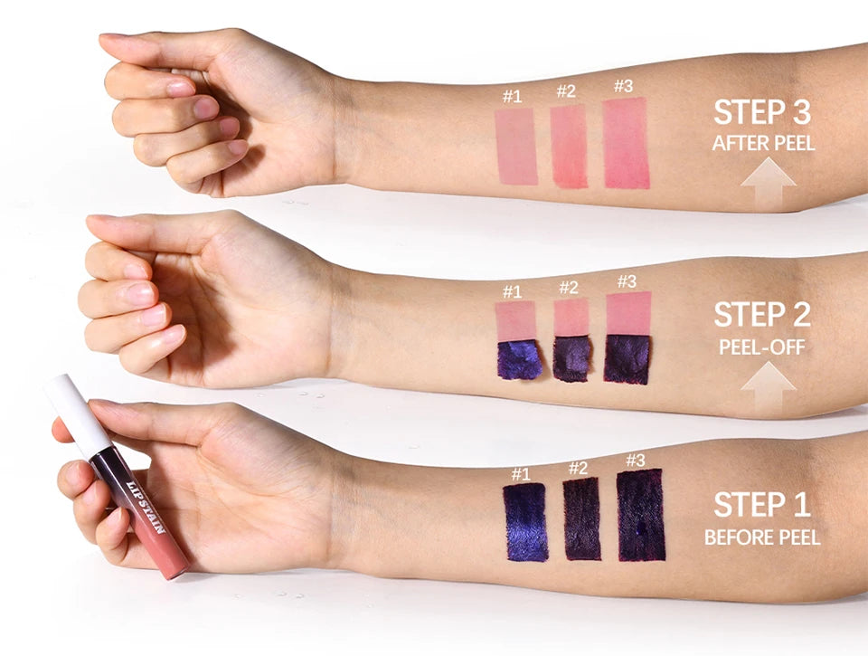 Waterproof peel-off lip stain swatches in three matte pink shades showing the application and peel process on skin.