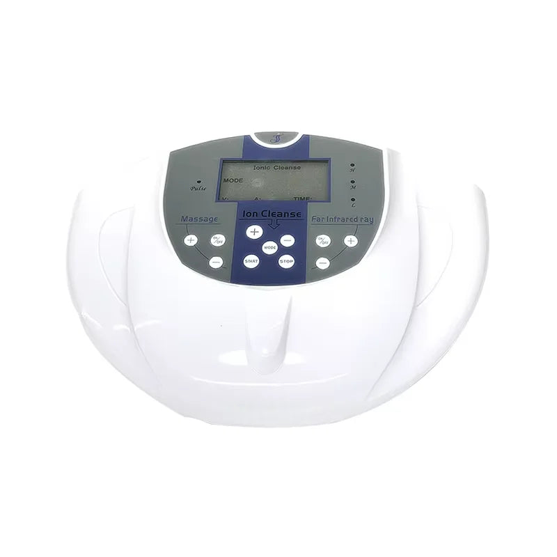 White ionic foot bath detox machine with LCD display, control buttons for massage and far infrared functions.