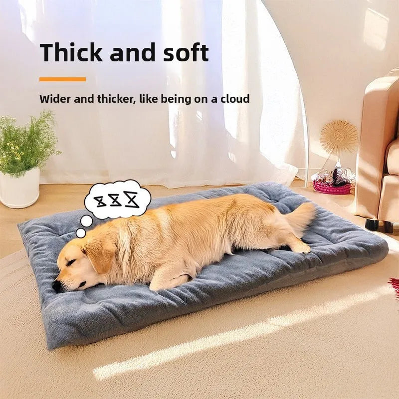 Extra large plush grey dog bed for large dogs. Thick, soft polyester crate mat provides cozy comfort for winter sleep.
