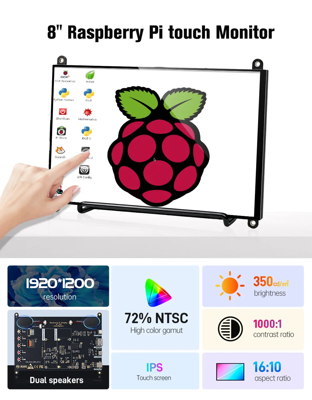 8 Inch Raspberry Pi Touch Monitor 1920×1200 IPS 10-Point Touch Screen Built-in Speaker HDMI Display for Pi 5 4B PC Case 3D Print