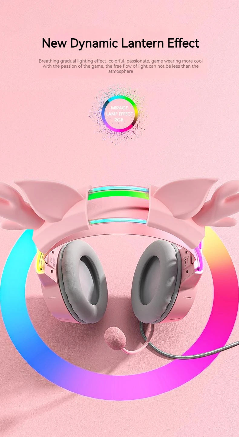 Pink Gaming Headphones with Cat Ears, RGB Mic, and Low Latency Audio Tidesmit
