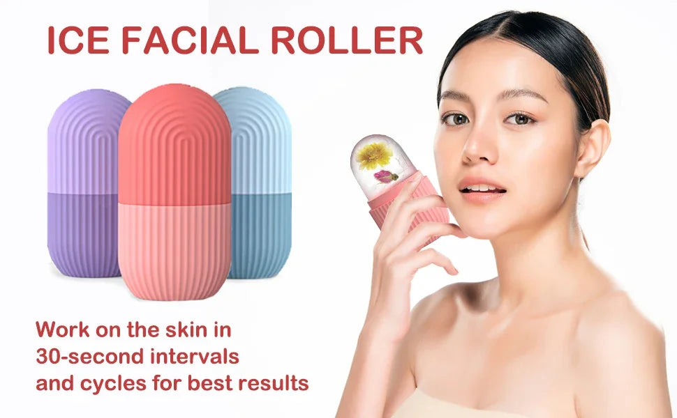 Three pill-shaped silicone facial ice rollers in purple, pink, and blue, with a woman using one on her face.