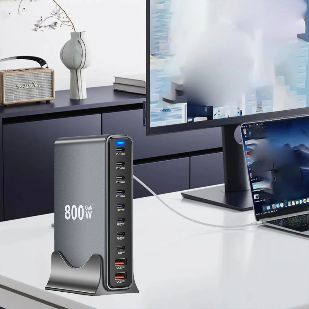 800W GaN 10-Port USB-C Desktop Charger - Fast Multi-Device Power Station Tidesmit