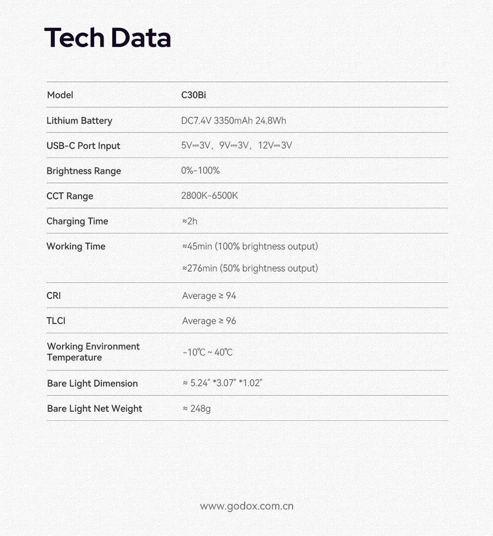 Technical specifications chart for C30Bi portable LED video light, detailing battery, brightness, and dimensions.