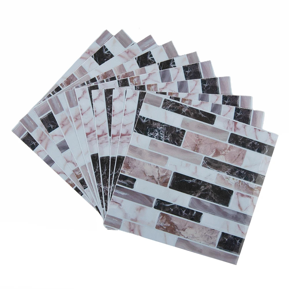 White and rose marble 3D mosaic brick tile wall sticker sheets with black accents