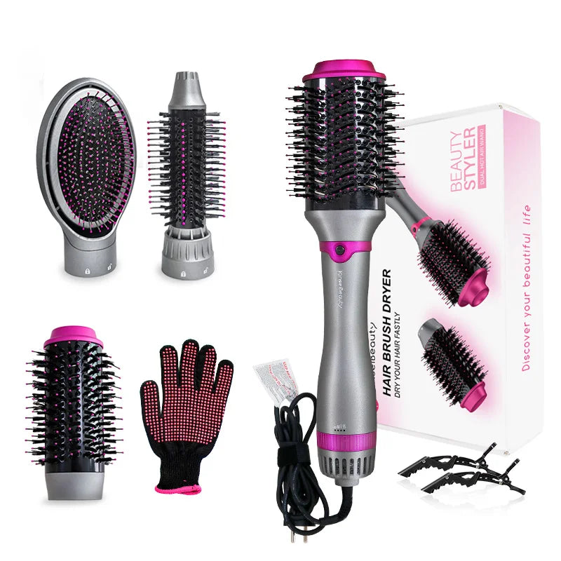 Kinseibeauty 3-speed hot air brush dryer set with pink and grey attachments, styling brush, and heat-resistant glove.