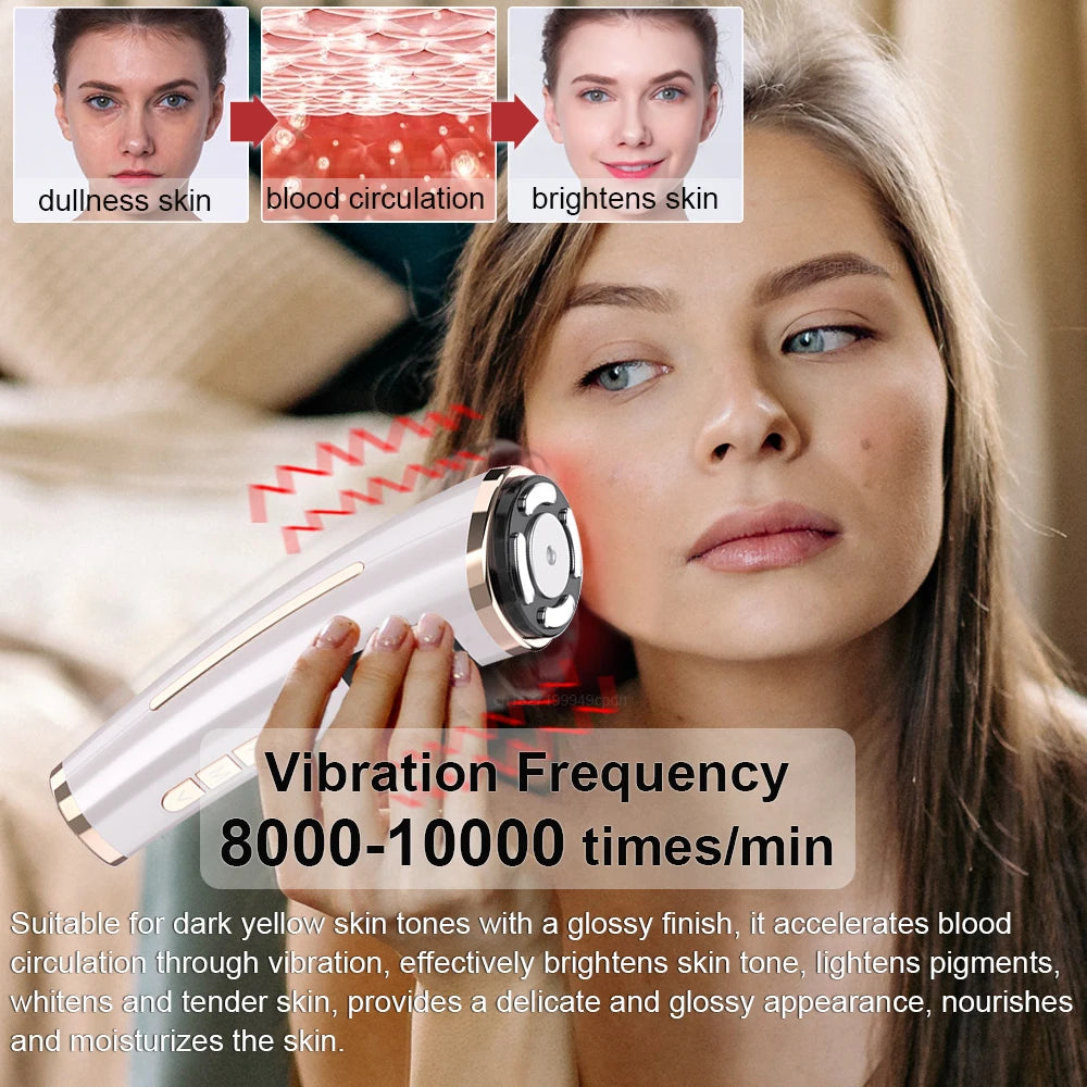 White and gold handheld facial massager being used on a woman's cheek to improve skin tone and circulation.