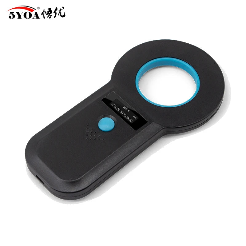 5YOA handheld black RFID pet microchip scanner with OLED display for quick dog and cat ID identification.