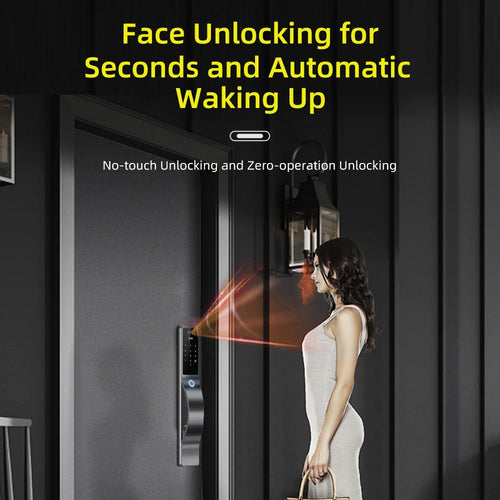 Black smart door lock on a doorway with illuminated keypad and access control panel