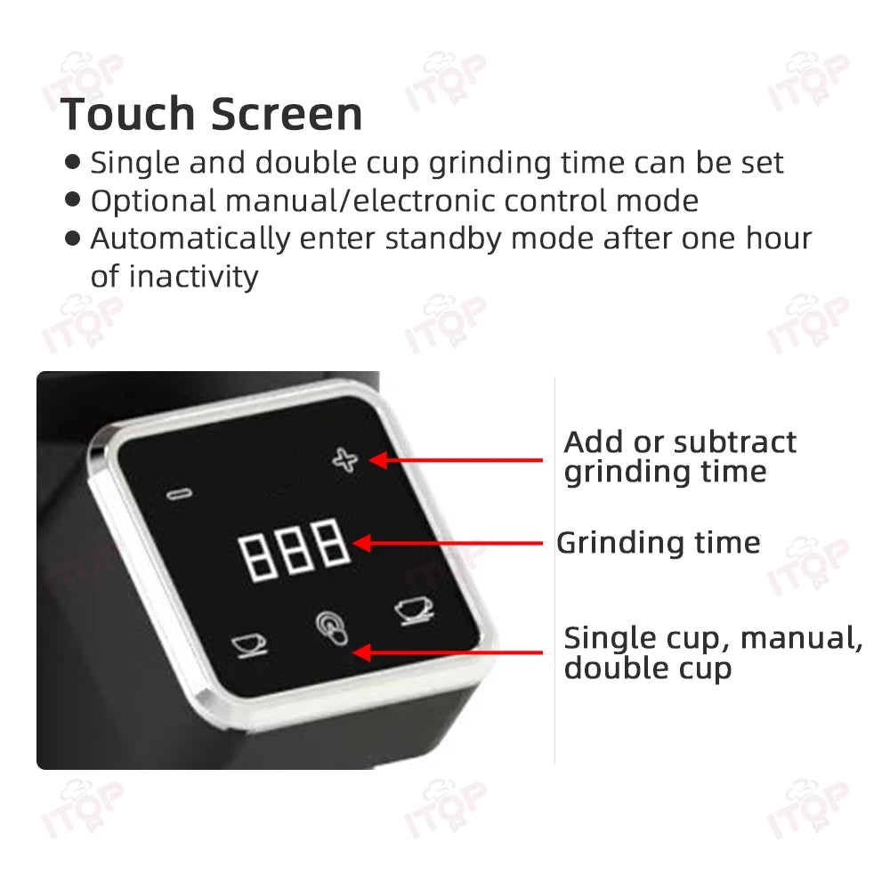 ITOP coffee grinder digital touch screen control panel for adjustable grinding time and cup selection.