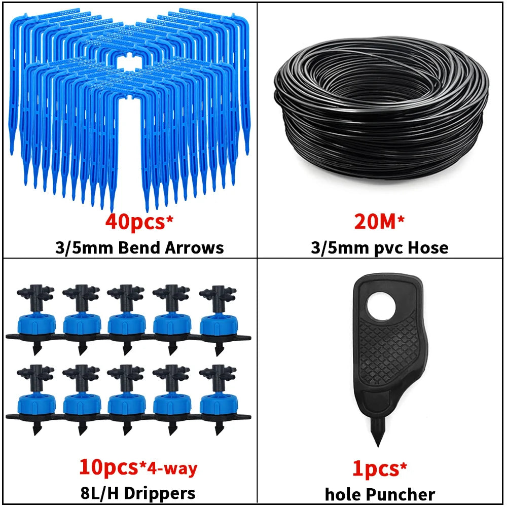 Blue-and-black drip irrigation kit set with arrow stakes, hose, and hole punch