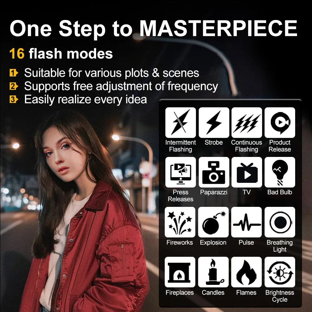 LED video light showing a grid of 16 customizable flash modes, including strobe, fire, and pulse, for photography.