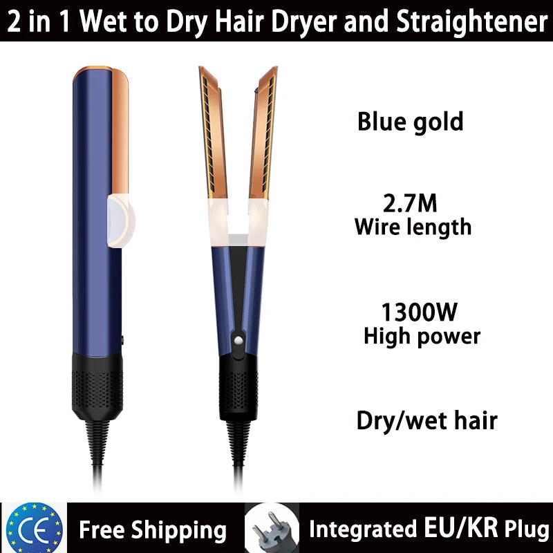 2-in-1 blue and gold hair straightener and dryer with 1300W power, wet-to-dry plates, and long swivel cord.
