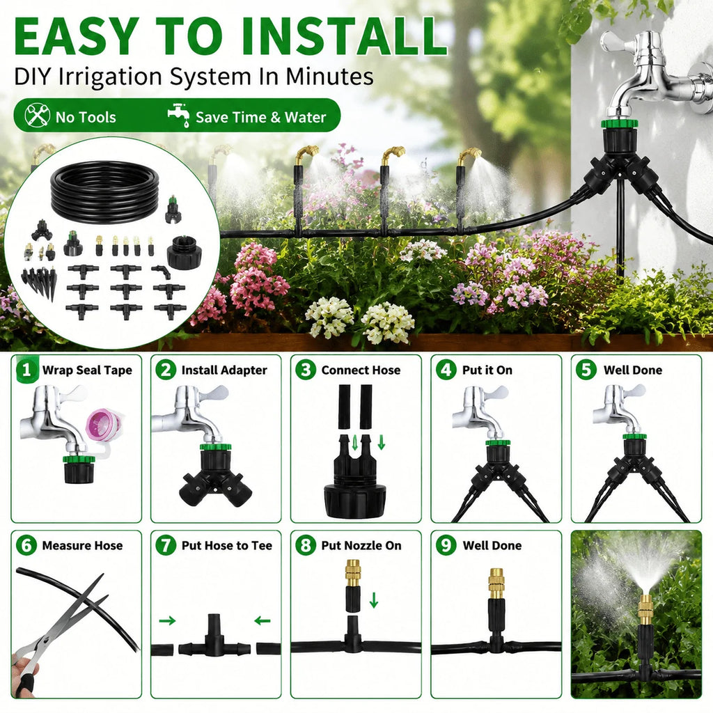Outdoor Misting Cooling System, Garden Irrigation Watering, 1/4 Inch Atomizer Nozzle, 4/7mm Hose, 10M-30m, for Patio Greenhouse