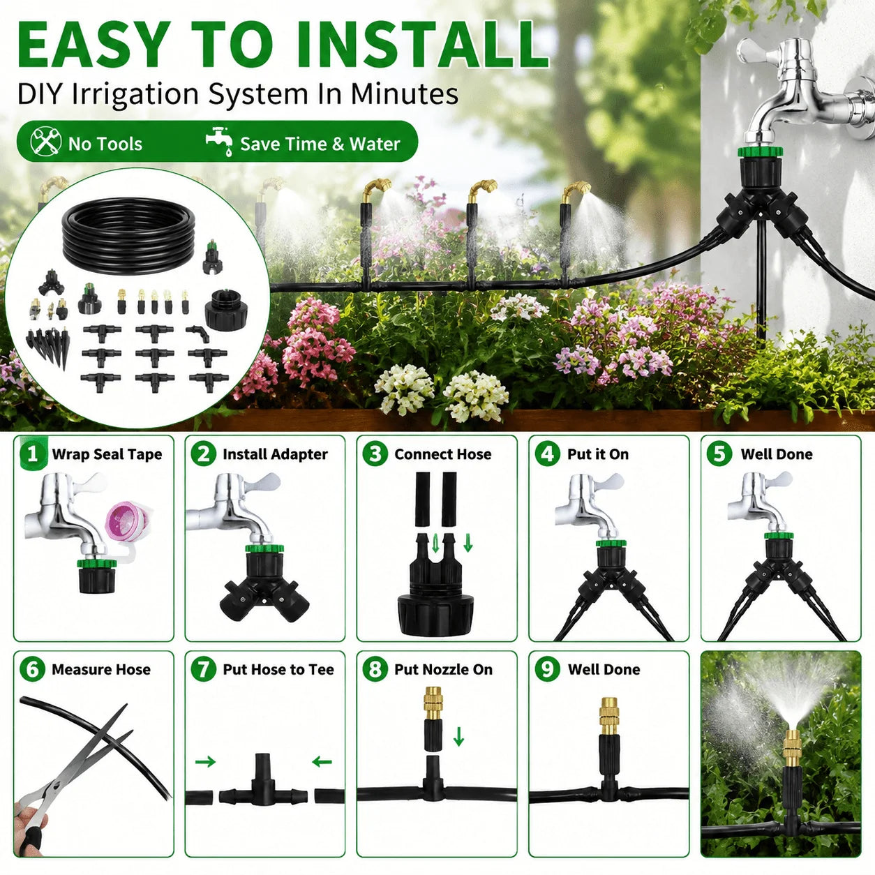 Outdoor Misting Cooling System, Garden Irrigation Watering, 1/4 Inch Atomizer Nozzle, 4/7mm Hose, 10M-30m, for Patio Greenhouse