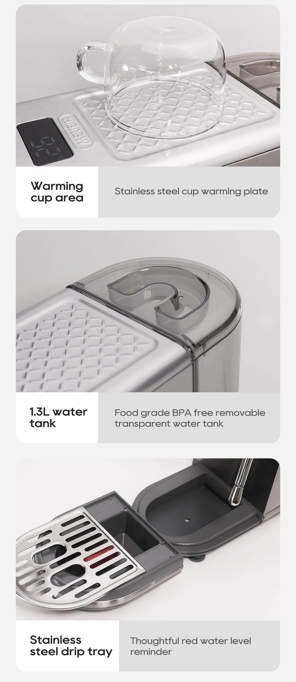 HiBREW coffee maker features: 1.3L transparent tank, stainless steel cup warming plate, and removable drip tray.