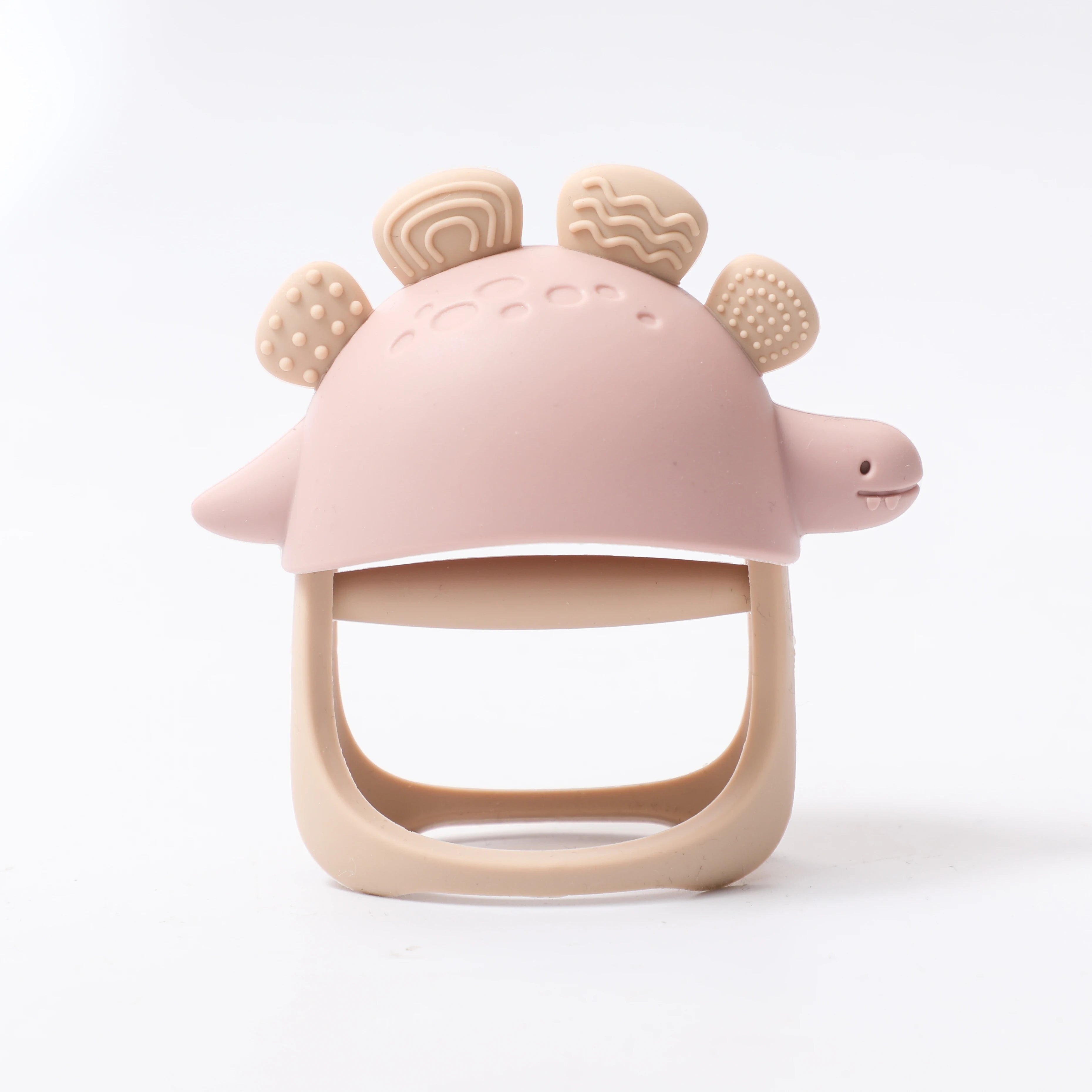 Pink dinosaur silicone baby teething toy for relief.
