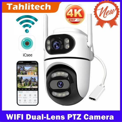 Dual-lens PTZ security camera with white housing, two lens domes, and Wi‑Fi antenna